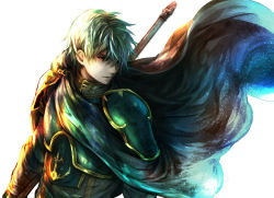 Rule 34 | 1boy, armor, black cape, blue armor, bracelet, cape, ephraim (fire emblem), expressionless, fire emblem, fire emblem: the sacred stones, gauntlets, glowing, green eyes, green hair, holding, holding weapon, jewelry, lance, light, male focus, nintendo, polearm, short hair, shoulder pads, simple background, solo, techitoni, weapon, white background