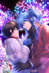 Rule 34 | 2boys, adjusting another&#039;s clothes, adjusting scarf, artist name, black gloves, black scarf, blue eyes, blue gloves, blue hair, brown hair, brown jacket, closed mouth, coat, commentary, couple, english commentary, eye contact, fireworks, gloves, hand on another&#039;s hip, highres, houshin engi, jacket, kaze-hime, lens flare, long hair, looking at another, male focus, multiple boys, night, open clothes, open jacket, parted lips, plaid, plaid shirt, ponytail, scarf, shirt, short hair, sidelocks, taikoubou, upper body, white coat, yaoi, youzen