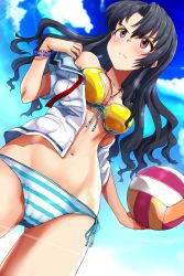 Rule 34 | &gt;:(, 1girl, absurdres, bad id, bad pixiv id, ball, bare shoulders, bikini, black hair, blue sky, blush, bracelet, breasts, closed mouth, cloud, collarbone, collared shirt, commentary request, cowboy shot, day, dolphin pendant, dress shirt, dutch angle, floating hair, from below, front-tie bikini top, front-tie top, gluteal fold, hair between eyes, halterneck, hand up, highres, holding, holding ball, idolmaster, idolmaster million live!, idolmaster million live! theater days, jewelry, lens flare, long hair, looking away, medium breasts, mismatched bikini, navel, necklace, no eyewear, off shoulder, open clothes, open shirt, outdoors, pendant, red eyes, run p (aveton), serious, shirt, short sleeves, side-tie bikini bottom, sky, solo, standing, stomach, striped bikini, striped bikini bottom, striped clothes, swimsuit, takayama sayoko, undressing, v-shaped eyebrows, volleyball, volleyball (object), white shirt, yellow bikini
