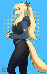Rule 34 | 00niine, 1girl, animal ears, animal nose, artist name, blonde hair, blue background, blue eyes, blue outline, blue sweater, body fur, breasts, closed mouth, clothing cutout, dated, dog ears, dog girl, dog tail, drawstring, elizabelle (00niine), female focus, from side, furry, furry female, hair ribbon, hands up, happy, highres, hood, hooded sweater, long hair, long sleeves, looking at viewer, original, outline, own hands together, pantylines, ponytail, profile, red ribbon, ribbon, sidelocks, sideways mouth, signature, simple background, small breasts, smile, snout, solo, standing, sweater, tail, tail through clothes, yellow fur