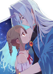 Rule 34 | 1boy, 1girl, age difference, armpit crease, bare shoulders, blue eyes, bow, bracelet, braid, brown hair, closed mouth, frills, horns, jewelry, light particles, lily (moyori), long hair, long sleeves, looking at another, looking down, looking up, moyori, off shoulder, original, parted lips, red bow, red eyes, single horn, sky, smile, star (sky), starry sky, unicorn (moyori), white hair, wide sleeves