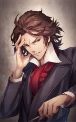 Rule 34 | 1boy, baton, conductor baton, brown eyes, brown hair, copyright request, formal, hand up, looking at viewer, male focus, official art, parted lips, red neckwear, solo, suit, tokumaru, upper body