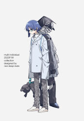 Rule 34 | 1girl, absurdres, alternate costume, bag, blue hair, bocchi the rock!, closed mouth, coat, collared shirt, full body, glasses, grey pants, highres, holding, holding bag, mole, mole under eye, neonfloyd, pants, shirt, short hair, simple background, sleeves past fingers, sleeves past wrists, solo, standing, white coat, white footwear, white shirt, yamada ryo
