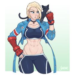 Rule 34 | 1girl, abs, antenna hair, artist name, belt, black cat, blonde hair, blue eyes, blue jacket, breasts, cammy white, cat, choker, collarbone, cropped jacket, facial scar, fingerless gloves, gloves, gradient background, groin, highres, jacket, large breasts, lips, navel, pants, parted lips, red gloves, scar, scar on cheek, scar on face, shardanic, short hair, street fighter, street fighter 6, thighs, tight clothes, tight pants, white background, zipper