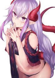 Rule 34 | 1girl, bad id, bad twitter id, bandeau, bare shoulders, black choker, black panties, blush, braid, braided ponytail, choker, clothing cutout, collarbone, covered erect nipples, cowboy shot, dragon girl, dragon horns, dragon tail, facial mark, hair between eyes, hands up, horns, ibuki notsu, light purple hair, long braid, long hair, looking at viewer, looking up, melusine (ibuki notsu), midriff, navel, original, own hands together, panties, pointy ears, purple eyes, revision, shoulder cutout, sidelocks, simple background, smile, solo, steepled fingers, stomach, strapless, tail, thighs, tube top, underwear, very long hair, white background