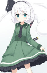 Rule 34 | 1girl, absurdres, adapted costume, aqua eyes, black hairband, closed mouth, collarbone, frilled skirt, frills, ghost, gradient background, green jacket, hairband, highres, jacket, konpaku youmu, konpaku youmu (ghost), looking at viewer, multiple swords, negi 0712, short hair, skirt, solo, sword, sword behind back, touhou, weapon, white background, white hair