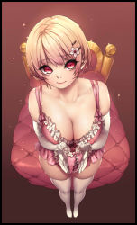 Rule 34 | 1girl, absurdres, bare shoulders, bed, black border, blonde hair, border, breasts, camisole, cleavage, closed mouth, collarbone, covered erect nipples, elbow gloves, eyelashes, flower, frilled panties, frills, from above, full body, gloves, hair flower, hair ornament, hairclip, highres, holding, holding clothes, holding panties, holding underwear, large breasts, looking at viewer, looking up, naidong (artist), original, panties, unworn panties, pink lips, red eyes, short hair, skindentation, sleeveless, smile, solo, standing, thighhighs, underwear, white gloves, white thighhighs