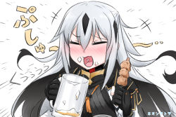 Rule 34 | +++, 1girl, :d, alcohol, artist name, beer, beer mug, black gloves, black hair, black jacket, blush, closed eyes, commentary request, cup, emphasis lines, fang, fate/grand order, fate (series), foam, food, gloves, grey hair, hair between eyes, heart, heart in mouth, highres, holding, holding cup, holding food, jacket, long hair, mug, multicolored hair, nagao kagetora (fate), neon-tetora, nose blush, open mouth, simple background, smile, solo, translation request, two-tone hair, very long hair, white background
