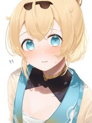 Rule 34 | !?, 1girl, absurdres, ahoge, black hairband, blonde hair, blue eyes, blush, center opening, commentary, embarrassed, hairband, half updo, haori, highres, hololive, japanese clothes, kazama iroha, looking at viewer, parted lips, sarashi, short hair, simple background, solo, surprised, sweatdrop, upper body, virtual youtuber, white background, yoshioka (today is kyou)