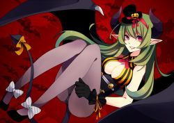 Rule 34 | 1girl, ankle ribbon, bad id, bad pixiv id, bat wings, bow, breasts, cleavage, demon horns, demon tail, demon wings, fishnet pantyhose, fishnets, gloves, green hair, hat, horns, leg ribbon, merlusa, mini hat, mini top hat, original, pantyhose, pointy ears, red eyes, ribbon, solo, tail, tail bow, tail ornament, tail ribbon, top hat, wings