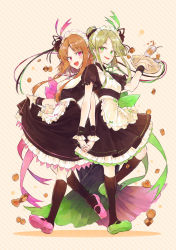 Rule 34 | 2girls, alternate costume, apron, beige background, black socks, breasts, brown hair, cookie, cup, drinking glass, enmaided, food, full body, green eyes, green footwear, green hair, hand up, heart, hisona (suaritesumi), holding hands, interlocked fingers, kneehighs, looking at viewer, maid, maid headdress, multiple girls, nishida satono, open mouth, pink eyes, pink footwear, puffy short sleeves, puffy sleeves, shoes, short hair with long locks, short sleeves, sidelocks, small breasts, smile, socks, spilling, standing, striped, striped background, teireida mai, touhou, tray, waist apron, wrist cuffs