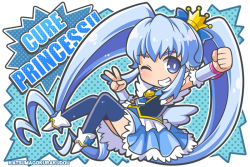 Rule 34 | 10s, 1girl, black thighhighs, blue background, blue eyes, blue hair, blue skirt, brooch, character name, crown, cure princess, full body, grin, happinesscharge precure!, heart, heart brooch, jewelry, katsuma rei, long hair, magical girl, matching hair/eyes, mini crown, necktie, no nose, one eye closed, polka dot, polka dot background, precure, shirayuki hime, shoes, sidelocks, skirt, smile, solo, thighhighs, twintails, v, wink