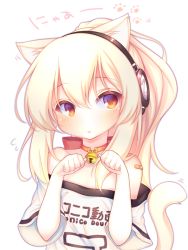 Rule 34 | 1girl, animal ears, ayanami (azur lane), ayanami (niconico) (azur lane), azur lane, bandaid, bandaid on arm, bare shoulders, bell, blonde hair, blush, bow, brown eyes, cat ears, cat girl, cat tail, collar, commentary request, flying sweatdrops, hands up, head tilt, headphones, jingle bell, kemonomimi mode, long hair, looking at viewer, neck bell, off-shoulder shirt, off shoulder, parted lips, paw pose, ponytail, red bow, sakurato ototo shizuku, shirt, short sleeves, simple background, solo, tail, tail raised, translation request, upper body, white background, white shirt, wide sleeves