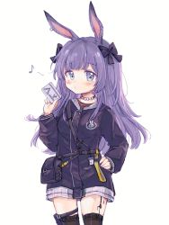 Rule 34 | animal ears, arknights, black bag, black bow, black choker, black jacket, black thighhighs, blue eyes, blush, bow, breasts, card, chinese commentary, choker, cowboy shot, ear piercing, eighth note, hair bow, hand on own hip, hand up, highres, holding, holding card, id card, jacket, long hair, long sleeves, looking at viewer, material growth, meng xue necky, musical note, o3o, oripathy lesion (arknights), piercing, pouch, purple hair, rabbit ears, rabbit girl, rope (arknights), simple background, small breasts, thighhighs, white background