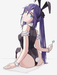 Rule 34 | 1girl, absurdres, animal ears, ass, bare shoulders, black leotard, black thighhighs, blue eyes, candy, fake animal ears, food, from behind, full body, genshin impact, hairband, highres, leotard, lollipop, long hair, looking at viewer, lycsakd, mona (genshin impact), playboy bunny, purple hair, rabbit ears, rabbit tail, sitting, sleeveless, solo, tail, thighhighs, twintails, wrist cuffs