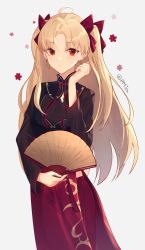 Rule 34 | 1girl, artist name, blonde hair, blush, dress, earrings, ereshkigal (fate), ereshkigal (youming niangniang) (fate), fate/grand order, fate (series), floral background, folding fan, gold trim, hair ribbon, hand fan, highres, holding, holding fan, hoop earrings, infinity symbol, jewelry, long hair, multicolored clothes, multicolored dress, official alternate costume, pappap, red eyes, red ribbon, ribbon, simple background, solo, twitter username, vietnamese dress, white background