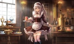 Rule 34 | 1girl, 9a-91 (bullets cafe) (girls&#039; frontline), 9a-91 (girls&#039; frontline), apron, back bow, belt boots, black bow, black dress, black footwear, black skirt, blue eyes, boots, bow, breasts, candelabra, candle, candlelight, candlestand, cup, desk, dress, food, frills, fruit, garter straps, girls&#039; frontline, hair ornament, holster, lithium10mg, long bangs, long hair, long sleeves, looking at viewer, maid apron, maid headdress, neck ribbon, pastry, plate, ponytail, ribbon, serving, silver hair, skirt, sleeve cuffs, small breasts, sputnik, sunlight, table, teacup, teapot, thigh holster, thighhighs, tiered tray, tray, white thighhighs, window, zettai ryouiki