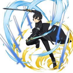 Rule 34 | 1boy, black cape, black eyes, black gloves, black hat, black pants, black shirt, cape, clenched teeth, dual wielding, fingerless gloves, full body, gloves, hair between eyes, hat, highres, holding, holding sword, holding weapon, kirito, leg up, looking at viewer, male focus, official art, pants, shirt, solo, sword, sword art online, teeth, transparent background, weapon