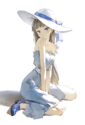 Rule 34 | 1girl, absurdres, arms between legs, bare shoulders, blue eyes, blue footwear, blush, breasts, brown hair, commentary, dino (dinoartforame), dress, hat, hat ribbon, highres, lawine (sousou no frieren), long hair, looking at viewer, ribbon, simple background, sitting, small breasts, solo, sousou no frieren, straight hair, strapless, strapless dress, sun hat, very long hair, wariza, white background, white dress