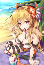 Rule 34 | 10s, 1girl, arm support, bare shoulders, beach, black legwear, black ribbon, blonde hair, bottle, bow, breasts, cleavage, detached sleeves, drinking straw, english text, flower, food, frilled skirt, frills, granblue fantasy, hair bow, hair flower, hair ornament, heart, hibiscus, holding, holding own hair, ice cream, leg ribbon, long hair, looking at viewer, lotion, mouth hold, ocean, orange bow, outdoors, ponytail, red eyes, rei (rei&#039;s room), ribbon, shadow, sitting, skirt, smile, solo, sunscreen, text focus, thigh ribbon, vira (granblue fantasy)
