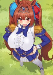 Rule 34 | 1girl, absurdres, animal ears, blue bow, blue neckwear, blush, bow, bowtie, breasts, brown hair, center frills, commentary request, daiwa scarlet (umamusume), epaulettes, fang, frills, grass, hair intakes, hair ornament, hair ribbon, hands on own hips, highres, horse ears, horse girl, large breasts, lliikkiiiii, long hair, long sleeves, looking at viewer, open mouth, red eyes, red ribbon, ribbon, shirt, skin fang, skirt, standing, tiara, twintails, umamusume, v-shaped eyebrows, white legwear, white shirt, white skirt