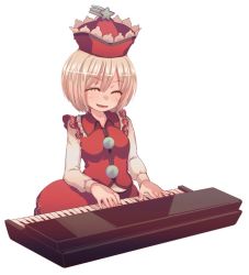 Rule 34 | 1girl, bad id, bad pixiv id, closed eyes, cream (nipakupa), female focus, instrument, keyboard (instrument), lyrica prismriver, short hair, simple background, smile, solo, touhou, white background