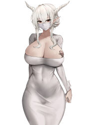 Rule 34 | 1girl, absurdres, alternate costume, arknights, breast tattoo, breasts, closed mouth, collarbone, covered navel, cowboy shot, dongtan dress, dress, grey hair, highres, holding, horns, huge breasts, irkawaza, long sleeves, looking at viewer, mask, meme attire, mouth mask, pointy ears, red eyes, shining (arknights), short hair with long locks, sidelocks, solo, tattoo, white dress