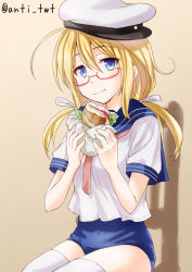 Rule 34 | 10s, 1girl, :i, anti (untea9), blonde hair, blue eyes, blush, bread, eating, food, glasses, hair ribbon, hat, highres, i-8 (kancolle), kantai collection, lettuce, low twintails, old school swimsuit, one-piece swimsuit, red-framed eyewear, ribbon, sandwich, school swimsuit, school uniform, serafuku, simple background, sitting, solo, swimsuit, swimsuit under clothes, thighhighs, tomato, twintails, twitter username, white thighhighs