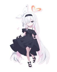 Rule 34 | 1girl, alternate costume, black dress, black eyes, black hairband, blue archive, blush, cinamon (cinamori), closed mouth, colored inner hair, commentary, dress, full body, grey hair, hair over one eye, hairband, halo, highres, looking at viewer, multicolored hair, pink hair, plana (blue archive), red halo, sandals, simple background, smile, solo, white background