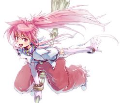 Rule 34 | 1girl, arche klein, belt, bracelet, broom, earrings, elbow gloves, full body, gloves, jewelry, long hair, looking at viewer, neko (hansinn), open mouth, pants, pink eyes, pink hair, ponytail, simple background, smile, solo, tales of (series), tales of phantasia, white background, wide ponytail
