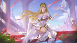 Rule 34 | 1girl, absurdres, blonde hair, blue eyes, canyue yingguang, castle, closed mouth, douluo dalu, falling petals, flower, high heels, highres, index finger raised, long hair, looking at viewer, nail polish, petals, pillar, qian renxue (douluo dalu), railing, red flower, red rose, rose, second-party source, sitting, solo, stairs, thighhighs, thighs, dove, white thighhighs