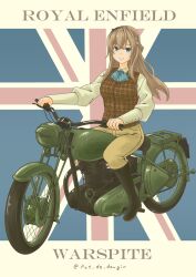 Rule 34 | 1girl, absurdres, alternate costume, ascot, blonde hair, blue eyes, boots, braid, breasts, collared shirt, england, french braid, hair between eyes, highres, kantai collection, long hair, long sleeves, medium breasts, motor vehicle, motorcycle, on motorcycle, pants, pot-de, riding, shirt, smile, twitter username, union jack, united kingdom, vehicle focus, vest, warspite (kancolle), white shirt