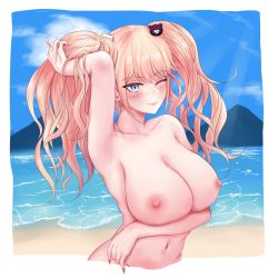 Rule 34 | 1girl, 7cs (congchuabuoito), arm up, beach, bear hair ornament, bikini, black hair, blonde hair, blue eyes, blush, border, breasts, chibi, collarbone, completely nude, cropped torso, danganronpa (series), danganronpa s: ultimate summer camp, day, enoshima junko, hair ornament, hand in own hair, highres, jewelry, large breasts, long hair, looking at viewer, navel, necklace, nipples, nude, official alternate costume, one eye closed, outdoors, red lips, solo, swimsuit, twintails, upper body, white border