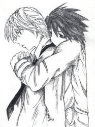 Rule 34 | 00s, death note, hug, l (death note), lowres, monochrome, sketch, yagami light