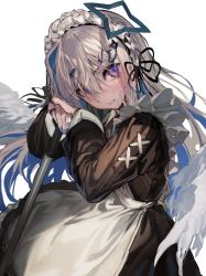 Rule 34 | 1girl, akieda, amane kanata, angel wings, apron, black dress, blue hair, blue nails, blush, closed mouth, colored inner hair, dress, grey hair, hair between eyes, halo, hololive, jewelry, long hair, long sleeves, looking at viewer, maid, maid headdress, multicolored hair, nail polish, purple eyes, ring, simple background, solo, virtual youtuber, white apron, white background, wings
