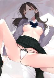 Rule 34 | 1girl, absurdres, ama mitsuki, bandaid, bandaids on nipples, bare legs, black socks, blue bow, bow, breasts, brown eyes, brown hair, clothes lift, collared shirt, feet out of frame, highres, long sleeves, looking at viewer, lying, medium breasts, non-web source, on back, original, panties, parted bangs, pasties, purple sweater, satin panties, scan, school uniform, shirt, shirt lift, skirt, skirt lift, sleeves past wrists, socks, solo, spread legs, sweater, translation request, underwear, white panties