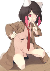 Rule 34 | 1girl, :d, absurdres, animal ears, black footwear, black hair, bottomless, breasts, brown coat, cloba, coat, finger to mouth, grin, groin, heart, heart-shaped pupils, heart pasties, highres, looking at viewer, loose necktie, naked coat, navel, necktie, on one knee, open clothes, open coat, open mouth, original, pasties, red eyes, red necktie, short hair, shushing, signature, small breasts, smile, solo, symbol-shaped pupils, teeth, trench coat, unbuttoned