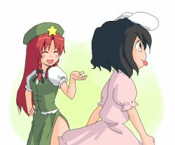 Rule 34 | 2girls, :p, abekawa, animal ears, bad id, bad pixiv id, black hair, braid, china dress, chinese clothes, dress, female focus, gradient background, hat, hong meiling, inaba tewi, long hair, multiple girls, rabbit ears, red hair, ribbon, short hair, skirt, tongue, tongue out, touhou, twin braids, white background