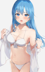 Rule 34 | 1girl, absurdres, auui, bikini, blue eyes, blue hair, blush, breasts, cleavage, highres, large breasts, long hair, navel, open mouth, original, ribbon, simple background, solo, swimsuit, white background