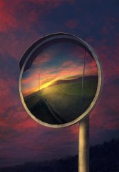 Rule 34 | blue sky, cloud, cloudy sky, commentary request, field, fisheye, highres, mks, no humans, original, outdoors, power lines, red sky, reflection, road, rural, scenery, sky, street, sunset, traffic mirror, utility pole