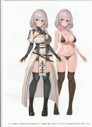 Rule 34 | 1girl, absurdres, armor, bare arms, bare shoulders, black bra, black panties, blush, boots, bra, braid, breasts, chest guard, cleavage, collarbone, cross-laced footwear, dress, full body, gloves, green eyes, grey hair, highres, hololive, lace-up boots, large breasts, long sleeves, looking at viewer, mole, mole on breast, multiple views, navel, overskirt, panties, parted lips, pelvic curtain, puffy sleeves, scan, shiny skin, shirogane noel, shirogane noel (1st costume), short dress, short hair, simple background, stomach, thighhighs, thighs, underwear, virtual youtuber, watao, white background, zettai ryouiki