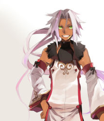 Rule 34 | 1boy, bad id, bad pixiv id, detached sleeves, green eyes, grin, hand on own hip, hip focus, hyakuhachi (over3), ivar (tales), long hair, male focus, parted bangs, ponytail, smile, solo, tabard, tales of (series), tales of xillia, white hair