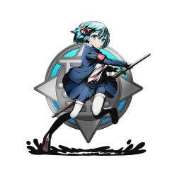 Rule 34 | 10s, 1girl, black skirt, blue eyes, blue hair, bow, divine gate, floating neckwear, full body, gloves, hair bow, hair ornament, holding, holding sword, holding weapon, leg up, looking at viewer, necktie, official art, pink bow, pleated skirt, red necktie, school uniform, shadow, shirt, skirt, smile, solo, sword, thighhighs, transparent background, ucmm, weapon, white gloves, white shirt, white thighhighs, zettai ryouiki