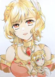 Rule 34 | 1girl, blonde hair, brown dress, chika 1, citrinne (fire emblem), dress, earrings, feather hair ornament, feathers, fire emblem, fire emblem engage, gold choker, gold trim, hair ornament, hoop earrings, jewelry, nintendo, open mouth, red eyes, wing hair ornament