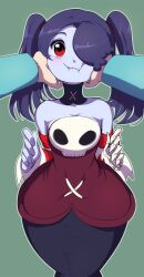 Rule 34 | 1girl, bare shoulders, blue hair, blue skin, blush, breasts, colored skin, detached collar, detached sleeves, dogscribss, hair over one eye, hands on cheeks, highres, long skirt, medium breasts, purple hair, side ponytail, skirt, skull, skullgirls, squigly (skullgirls), stitched mouth, stitches, striped, striped sleeves, twintails, zombie