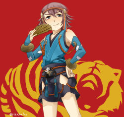 Rule 34 | 1boy, artist name, brown hair, hand fan, fire emblem, fire emblem fates, hayato (fire emblem), male focus, nintendo, red background, setsu hu, simple background, solo, tiger