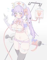 Rule 34 | 1girl, alternate hairstyle, bikini, black thighhighs, blood, blood bag, blush, bow, bowtie, breasts, cleavage, cross, flying sweatdrops, hat, highres, holding, holding syringe, large breasts, long hair, looking at viewer, navel, nurse, nurse cap, open mouth, patchouli knowledge, ponytail, purple eyes, purple hair, red bow, red bowtie, red cross, semotaretare, skindentation, solo, swimsuit, syringe, thigh strap, thighhighs, touhou, white bikini