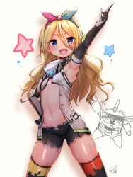 Rule 34 | 1girl, alice gear aegis, armpits, black shorts, blonde hair, blue eyes, bow hairband, breasts, chou tokkyu hikarian, commentary request, cowboy shot, doyouwantto, elbow gloves, flat chest, gloves, hair between eyes, hairband, hand on own hip, looking at viewer, midriff, miyaminami hikari, navel, open mouth, panties, pink panties, pointing, pointing up, shorts, signature, smile, star (symbol), underwear, white background