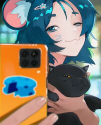 Rule 34 | 1girl, :3, = =, animal, animal ears, black cat, blue eyes, blue hair, blurry, blurry background, cat, cellphone, colored sclera, depth of field, hair ornament, hairclip, head back, highres, holding, holding animal, holding cat, holding phone, koitoroku, looking at viewer, medium hair, mouse ears, mouse girl, one eye closed, orange sclera, paw hair ornament, phone, selfie, smartphone, smug, solo, sticker, upper body