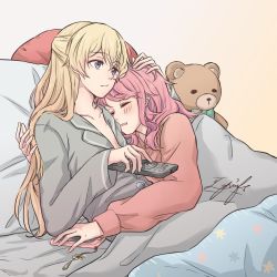 Rule 34 | 2girls, aiiro bokujuu, bang dream!, blonde hair, blouse, cellphone, controller, cuddling, closed eyes, half updo, hand on another&#039;s head, holding, holding remote control, long hair, maruyama aya, medium hair, multiple girls, open clothes, open shirt, phone, pink hair, remote control, shirasagi chisato, shirt, signature, smartphone, stuffed animal, stuffed toy, teddy bear, under covers